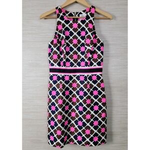 Milly Women's Sheath Dress Size 4 Pink Blue Geometric Linen Silk Sleeveless USA